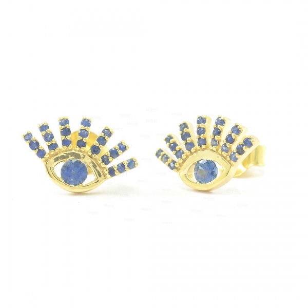 14K Gold 1.00 Ct. Genuine Blue Sapphire Evil Eye Studs Earrings Fine Jewelry