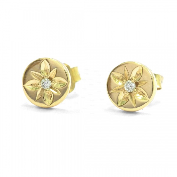 14K Gold 0.03 Ct. Genuine Diamond Circle Engraved Flower Earrings Fine Jewelry