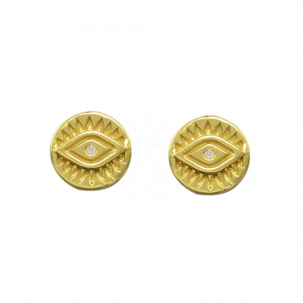 14K Gold 0.01 Ct. Genuine Diamond Evil Eye Disc Studs Earrings Fine Jewelry