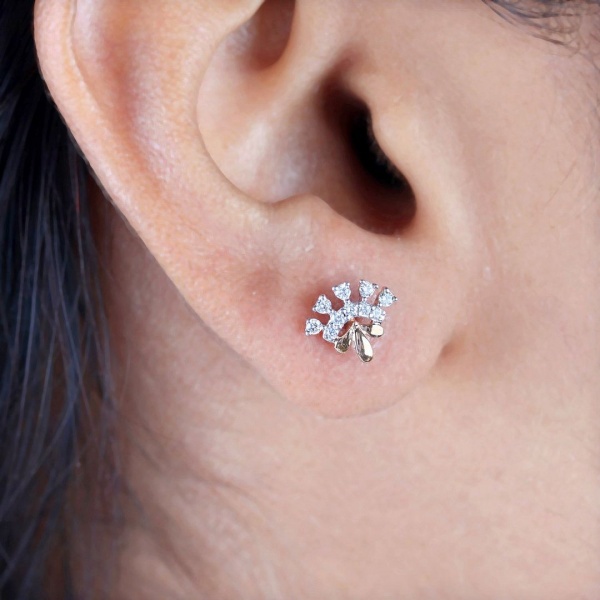 14K Gold 0.21 Ct. Genuine Diamond Unique Floral Design Stud Earrings-New Arrival