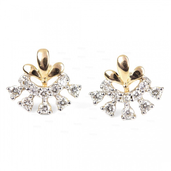 14K Gold 0.21 Ct. Genuine Diamond Unique Floral Design Stud Earrings-New Arrival