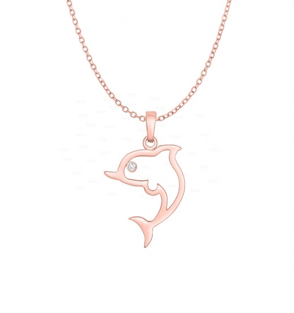 14K Gold 0.01 Ct. Genuine Diamond Dolphin Pendant Necklace Fine Jewelry