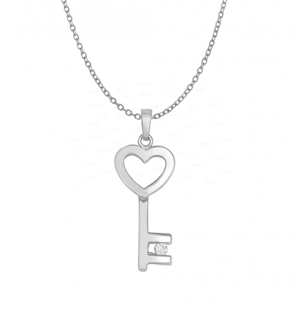 14K Gold 0.03 Ct. Genuine Diamond Love Heart Key Pendant Wedding Necklace