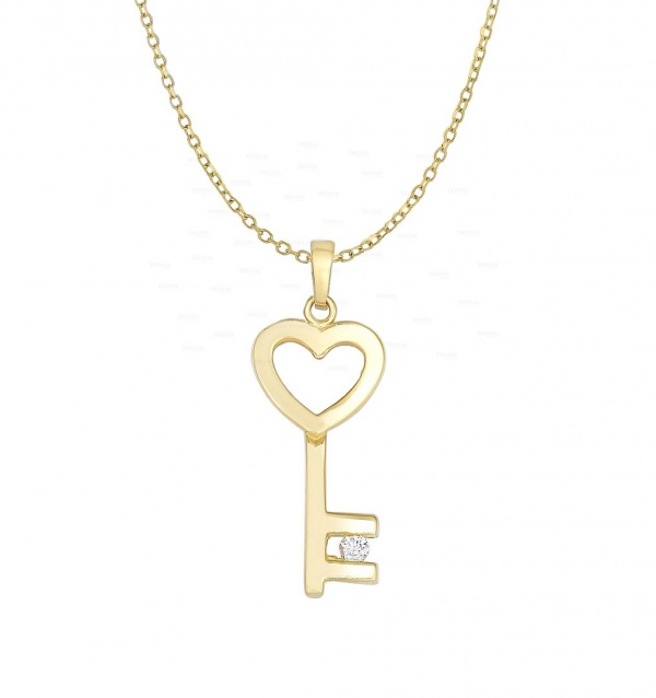 14K Gold 0.03 Ct. Genuine Diamond Love Heart Key Pendant Wedding Necklace