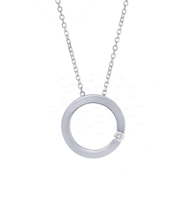 14K Gold 0.03 Ct. Genuine Diamond 10 mm Open Circle Pendant Necklace Fine Jewelry