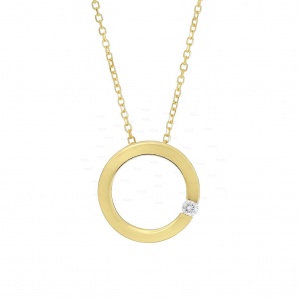 14K Gold 0.03 Ct. Genuine Diamond 10 mm Open Circle Pendant Necklace Fine Jewelry