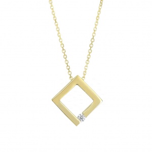 14K Gold 0.03 Ct. Genuine Diamond Open Square Pendant Necklace Fine Jewelry