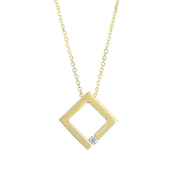 14K Gold 0.03 Ct. Genuine Diamond Open Square Pendant Necklace Fine Jewelry