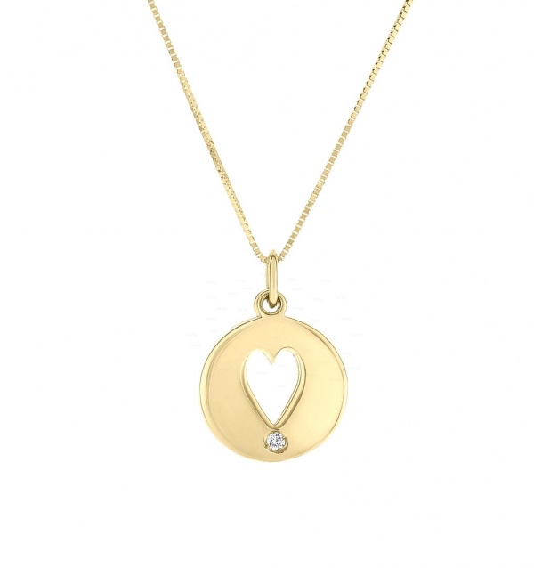 14K Gold 0.02 Ct. Genuine Diamond Love Heart In Circle Pendant Necklace