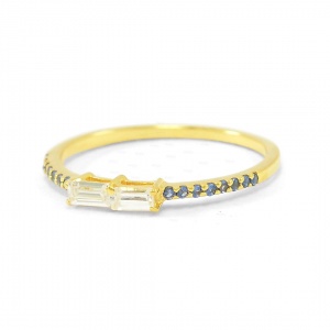 14K Gold Genuine Baguette Diamond And Blue Sapphire Gemstone Wedding Fine Ring