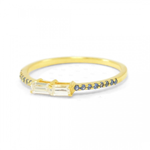 14K Gold Genuine Baguette Diamond And Blue Sapphire Gemstone Wedding Fine Ring