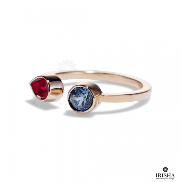 14K Gold Genuine Ruby - Aquamarine Gemstone Open Ring Fine Jewelry Size-3 to 8US