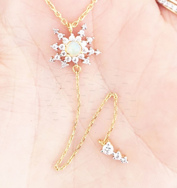 14K Gold Genuine Diamond and Opal Gemstone Sun Pendant Drop Lariat Necklace