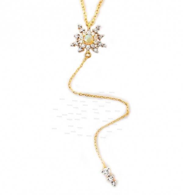 14K Gold Genuine Diamond and Opal Gemstone Sun Pendant Drop Lariat Necklace