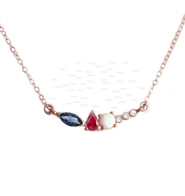 14K Gold Genuine Diamond Ruby Opal Blue Sapphire Cluster Pendant Necklace Gift