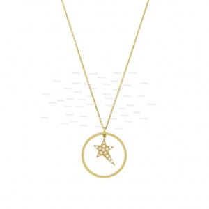 14K Gold 0.12 Ct. Genuine Diamond Shooting Star inside Circle Pendant Necklace