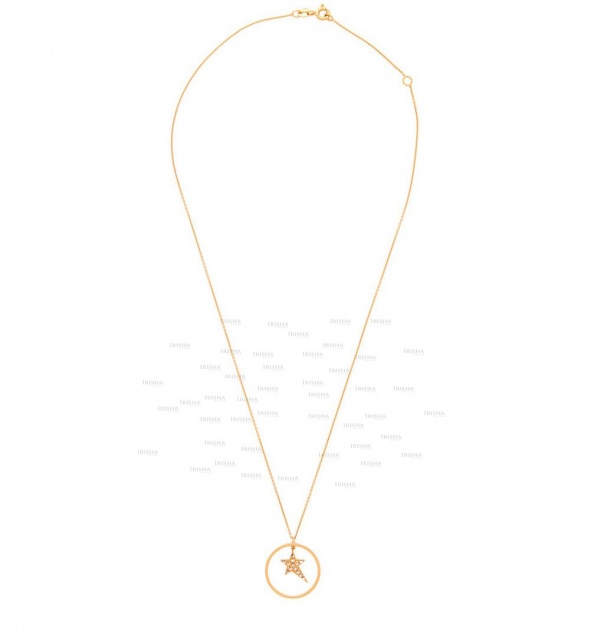 14K Gold 0.12 Ct. Genuine Diamond Shooting Star inside Circle Pendant Necklace