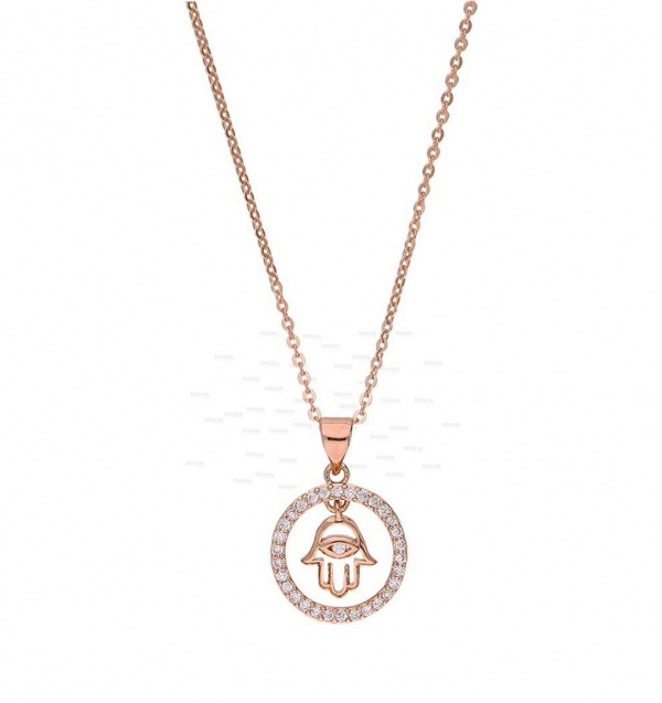14K Gold 0.20 Ct. Genuine Diamond Hamsa Circle Pendant Necklace Christmas Gift