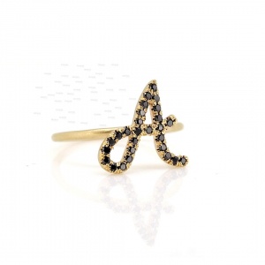 14K Gold 0.18 Ct. Genuine Black Diamond Initial A-Z Alphabet Personalized Ring