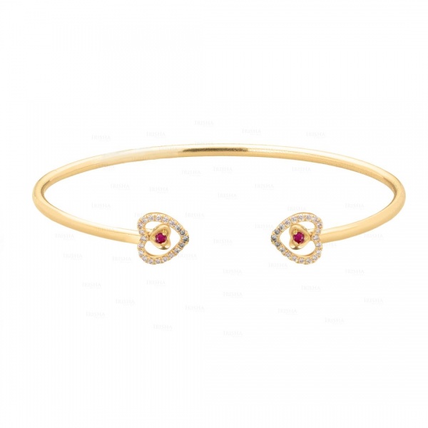 14K Gold Genuine Diamond And Ruby Heart Cuff Bangle Bracelet Fine Jewelry