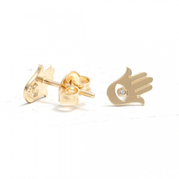 14K Gold 0.02 Ct. Genuine Diamond Hamsa Hand Studs Earrings Fine Jewelry