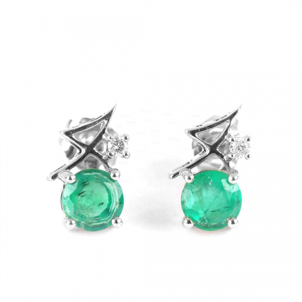 14K Gold Genuine Diamond And Emerald May Birthstone Studs Earrings Fine Jewelry