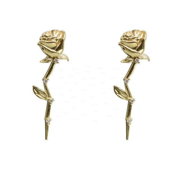 14K Gold 0.05 Ct. Genuine Diamond 23 mm Long Rose Flower Earrings Fine Jewelry