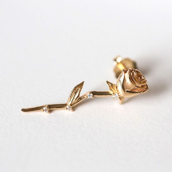 14K Gold 0.05 Ct. Genuine Diamond 23 mm Long Rose Flower Earrings Fine Jewelry
