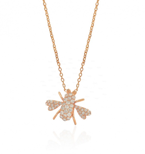 14K Gold 0.33 Ct. Genuine Diamond Honeybee Pendant Necklace Fine Jewelry