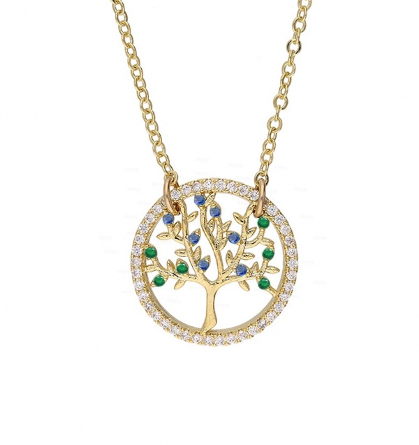 14K Gold Genuine Diamond Emerald Blue Sapphire Tree of life Family Tree Necklace