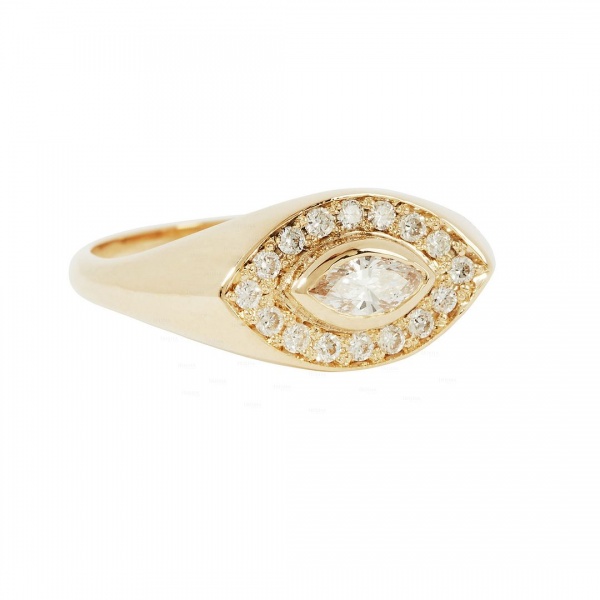 14K Gold 0.28Ct. Genuine Marquise-Round Diamond Evil Eye Signet Ring Fine Jewelry