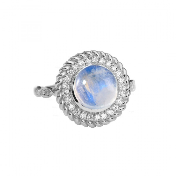 14K Gold Genuine Diamond And Rainbow Moonstone Halo Engagement Ring Fine Jewelry
