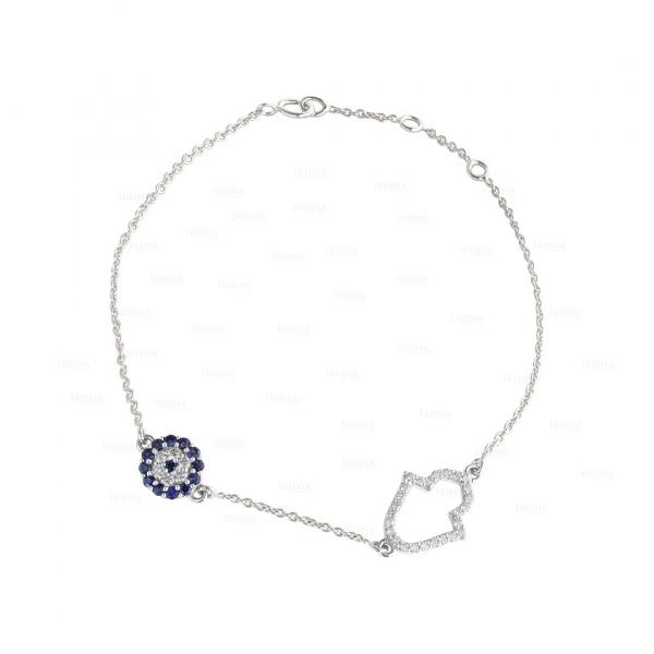 Genuine Diamond Blue Sapphire Hamsa Hand And Disc Charm 14K Gold Bracelet