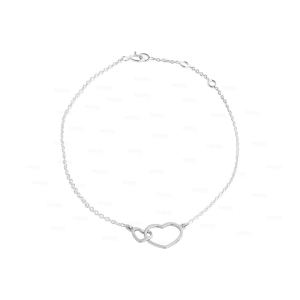 Solid 14K Plain Gold Link Double Heart Chain Bracelet Fine Jewelry For Women