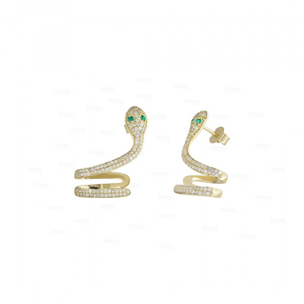 14K Gold Genuine Diamond And Emerald Gemstone Unique Snake Earrings Fine Jewelry