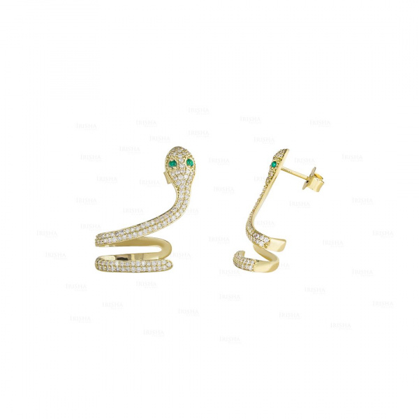 14K Gold Genuine Diamond And Emerald Gemstone Unique Snake Earrings Fine Jewelry
