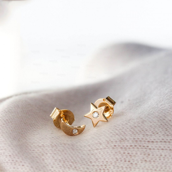 Genuine Diamond Star Moon Stud Earrings Christmas 14K Gold Fine Jewelry