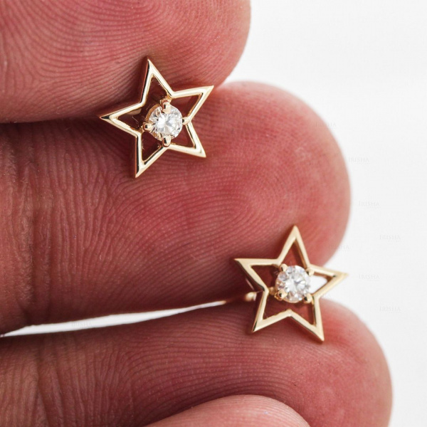 14K Gold 0.12 Ct. Genuine Diamond Star Shape Studs Earrings Fine Jewelry