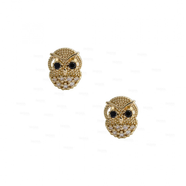 0.14Ct. VS Black-White Diamond Owl Design Stud-Earrings in 14k Gold Fine Jewelry