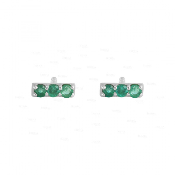 14K Gold 0.09 Ct. Emerald Gemstone Minimalist Bar Earrings Fine Jewelry