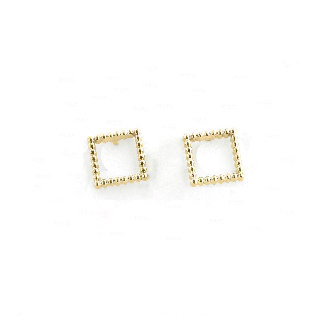 14K Solid Gold 8mm Beaded Square Shape Minimalist Studs Earrings Fine Jewelry