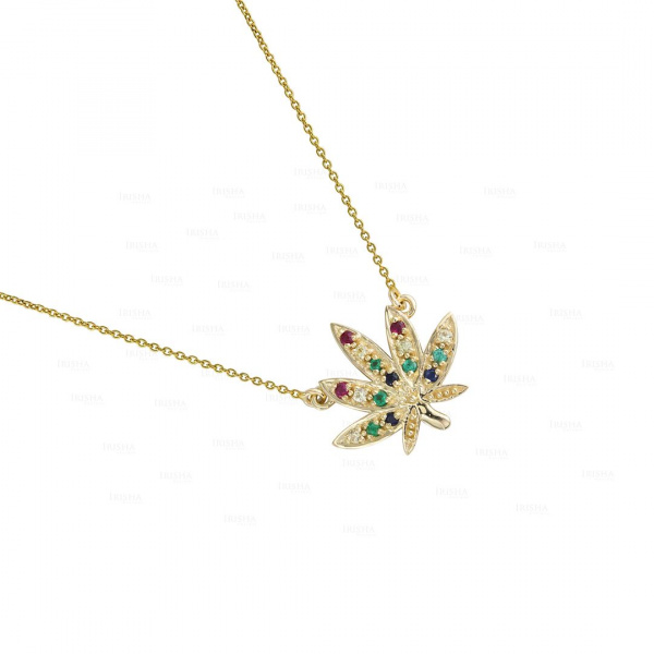 14K Gold 0.18 Ct. Genuine Multi Sapphire Gemstone Rainbow Leaf Pendant Necklace