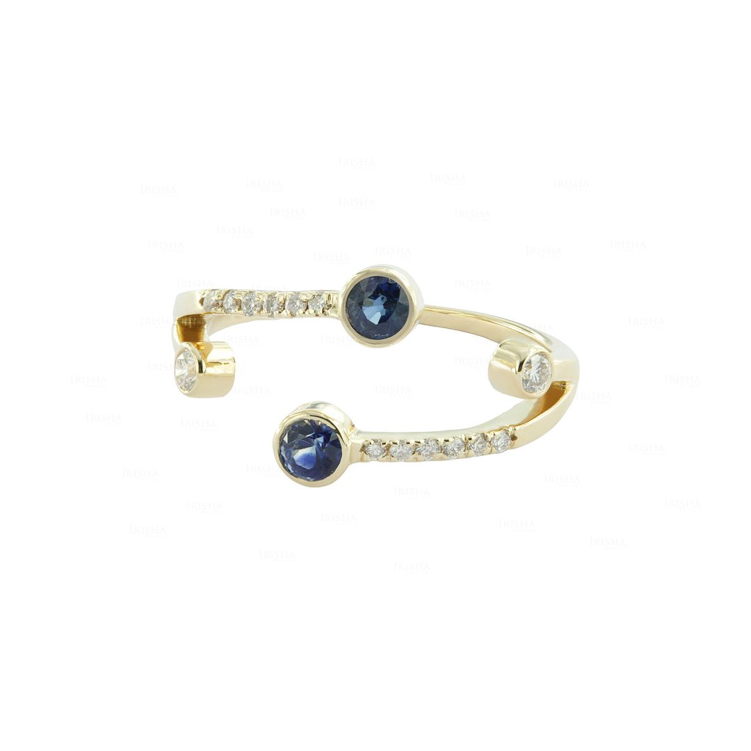 Genuine Diamond And Blue Sapphire Gemstone Cuff Wedding 14K Gold Fine Ring