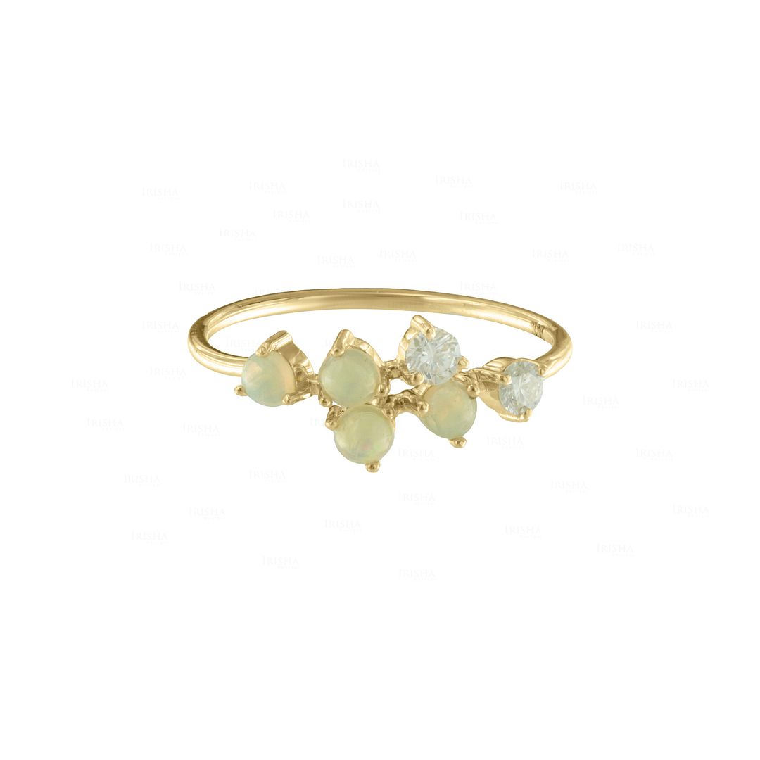 Genuine Diamond And Opal Gemstone Cluster Wedding Ring 14K Gold Fine Jewelry