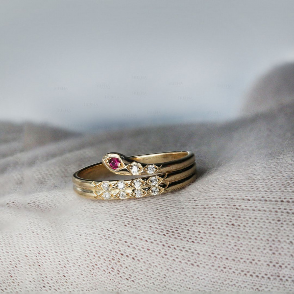 14K Gold Diamond And Ruby Gemstone Snake Design Wrap Ring Fine Jewelry