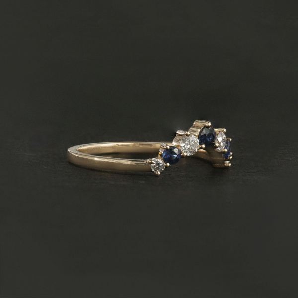 Genuine VS Diamond Blue Sapphire Gemstone Curved Wedding Band 14K Gold