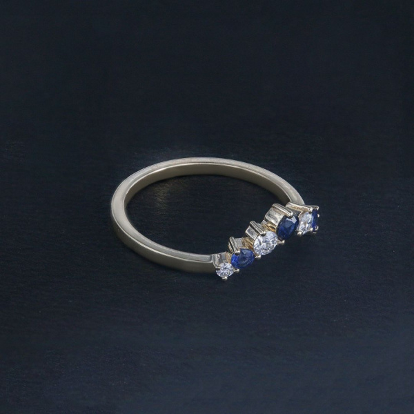 Genuine VS Diamond Blue Sapphire Gemstone Curved Wedding Band 14K Gold