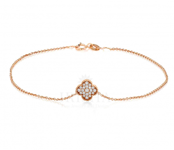 Real Diamond Floral Milgrain Charm Chain Bracelet 14K Gold Fine Jewelry