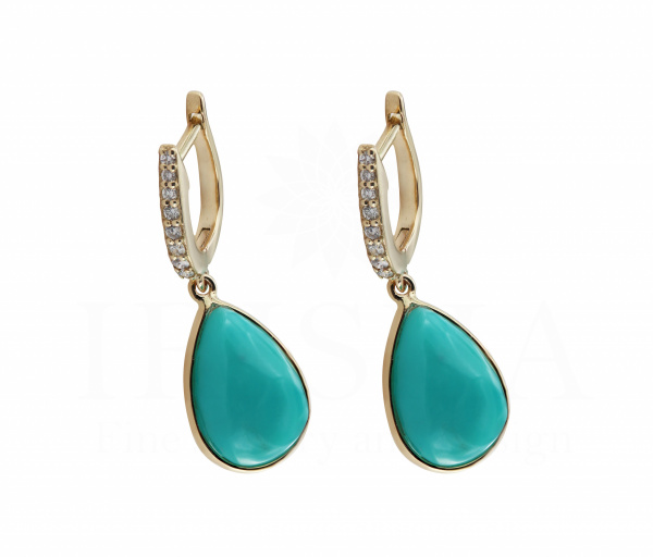 Genuine Diamond And Turquoise Gemstone Drop Huggie Hoop Earrings 14K Gold