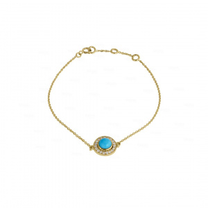14K Yellow Gold Genuine Diamond And Turquoise Gemstone Disc Bracelet Jewelry
